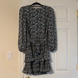 Floral Long Sleeve Ruffle Dress - Blue